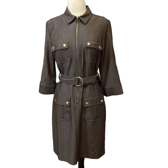 Sharagano Safari Shirt Utility Belted Dress Brown 6 - Picture 1 of 9